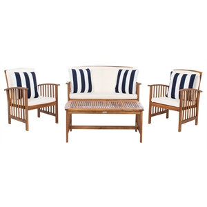 Safavieh Rocklin 4-Piece Acacia Wood Outdoor Set in Natural / Beige /Navy/White