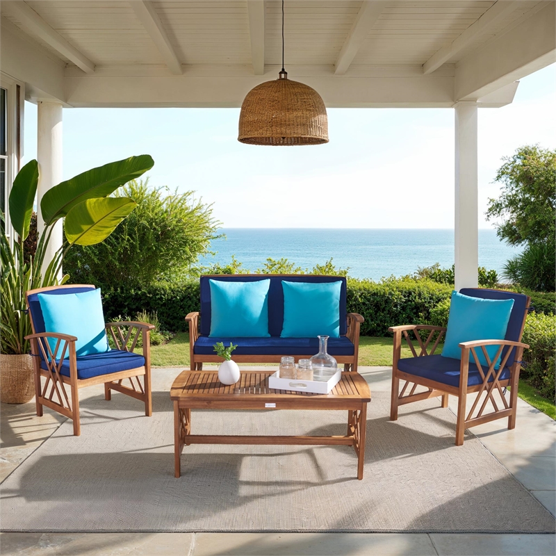 Safavieh Fontana Wood 4 Pc Outdoor Set in Natural / Navy