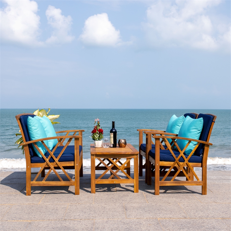 Safavieh Fontana Wood 4 Pc Outdoor Set in Natural / Navy