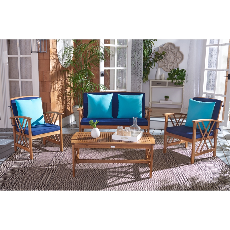 Safavieh Fontana Wood 4 Pc Outdoor Set in Natural / Navy
