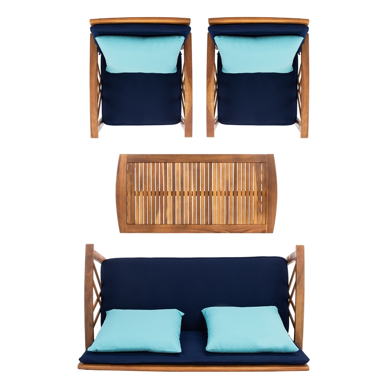 Safavieh Fontana Wood 4 Pc Outdoor Set in Natural / Navy