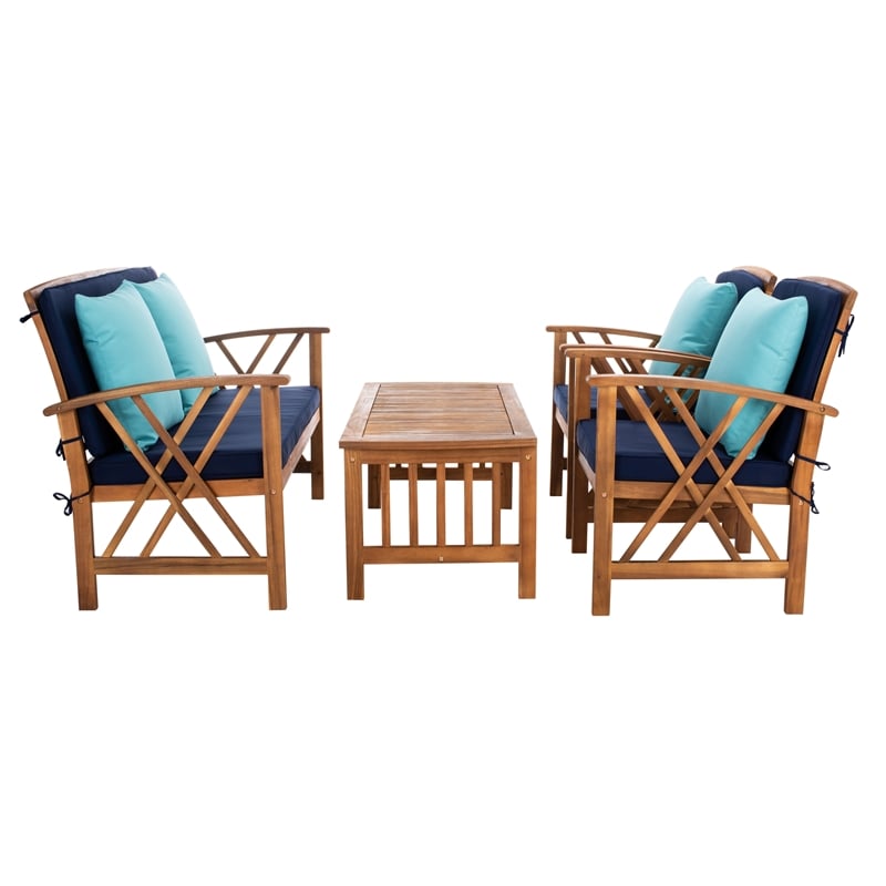 Safavieh Fontana Wood 4 Pc Outdoor Set in Natural / Navy