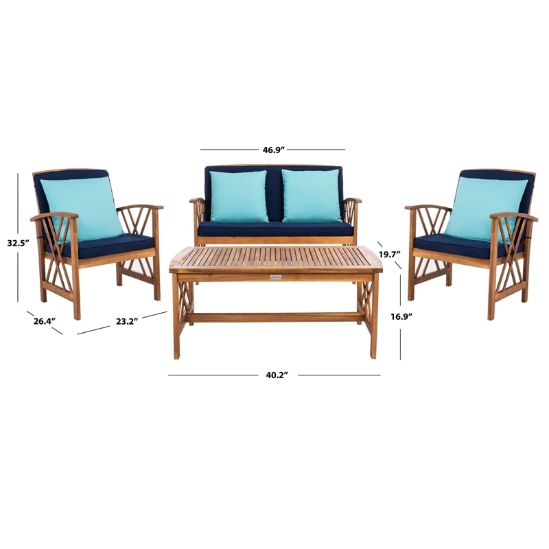 Safavieh Fontana Wood 4 Pc Outdoor Set in Natural / Navy