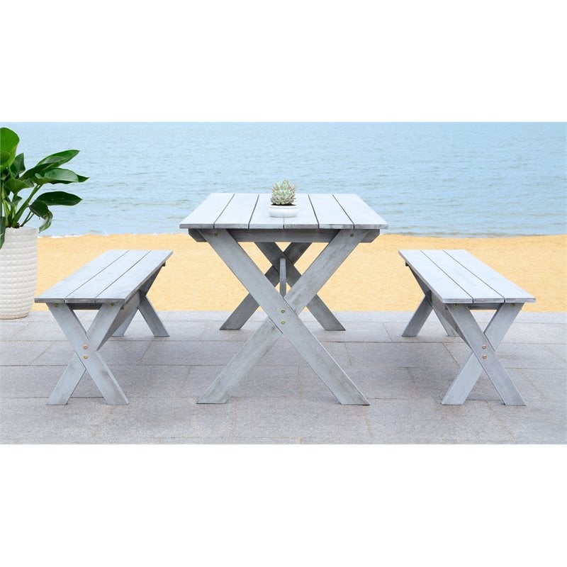 Safavieh Marina 3-Piece Acacia Wood Outdoor Set in Distressed Gray