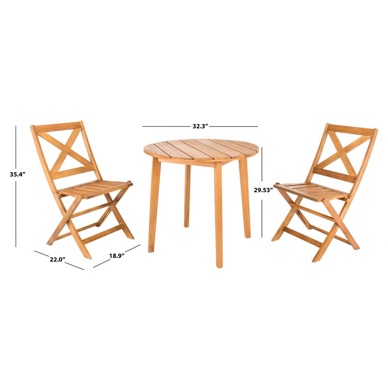 Safavieh Bruna 3-Piece Eucalyptus Wood Outdoor Bistro Set in Natural