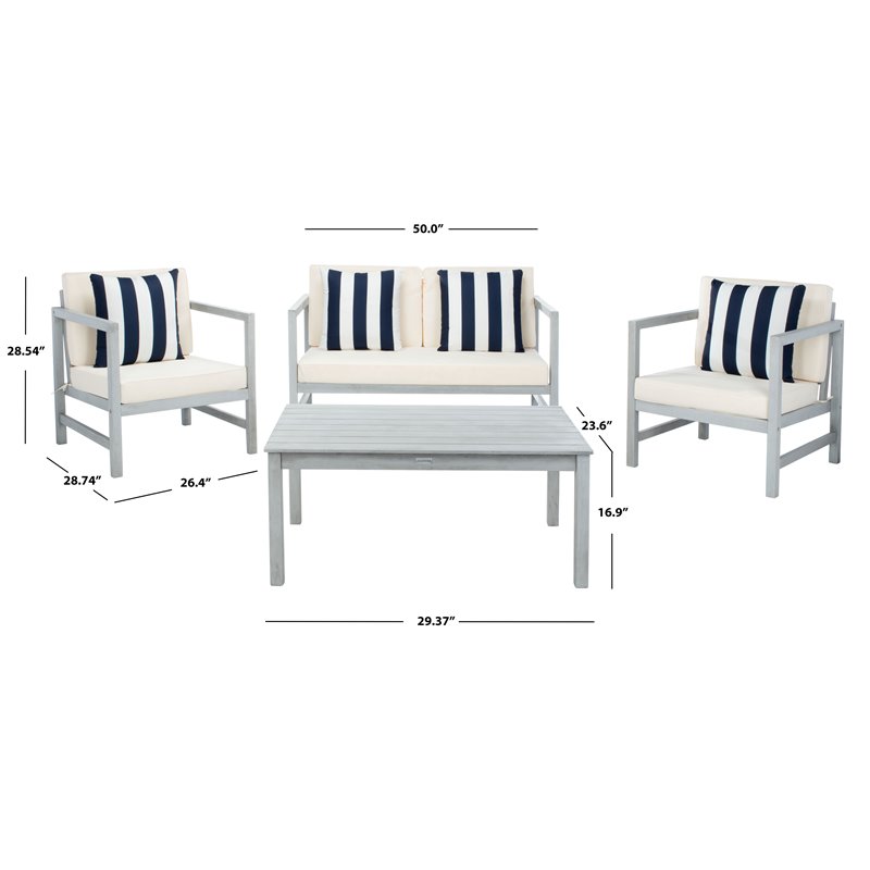 Safavieh Montez 4-Piece Eucalyptus Wood Outdoor Set with Pillows in Gray/Beige