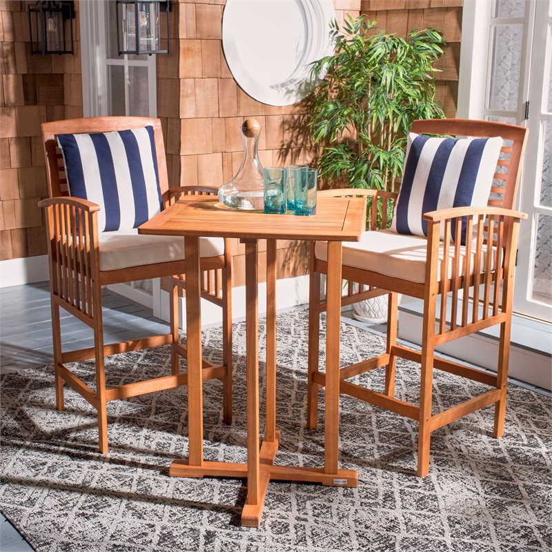 Safavieh Pate 3-Piece Wood/Polyester Bistro Set in Natural/White/Navy