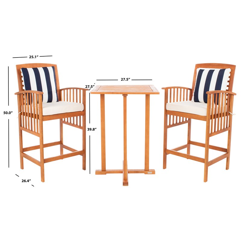 Safavieh Pate 3-Piece Wood/Polyester Bistro Set in Natural/White/Navy