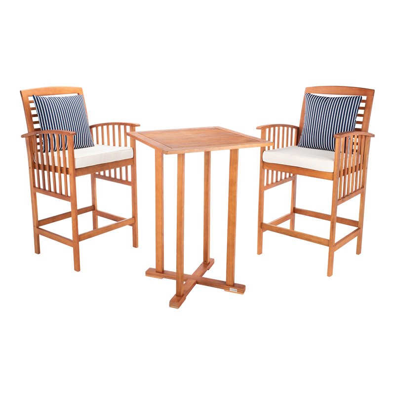 Safavieh Pate 3-Piece Wood/Polyester Bistro Set in Natural/Navy/Beige
