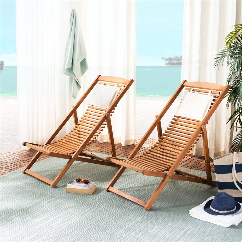 Safavieh Rendi Wood/Polyester Relax Chairs w/ Pillow in Natural/Beige (Set of 2)