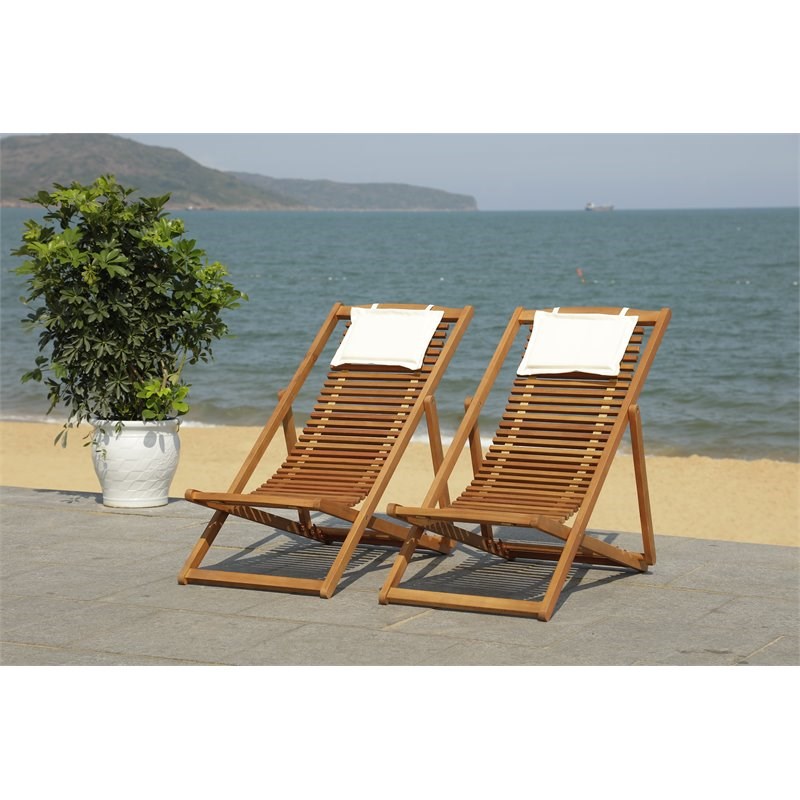 Safavieh Rendi Wood/Polyester Relax Chairs w/ Pillow in Natural/Beige (Set of 2)