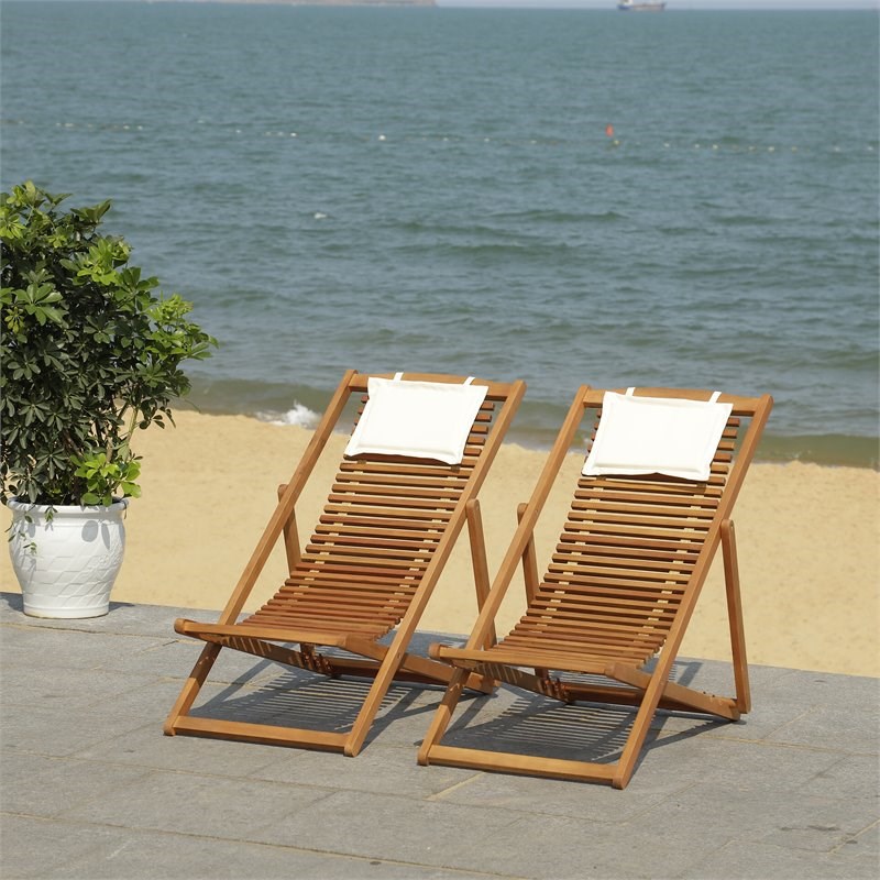 Safavieh Rendi Wood/Polyester Relax Chairs w/ Pillow in Natural/Beige (Set of 2)