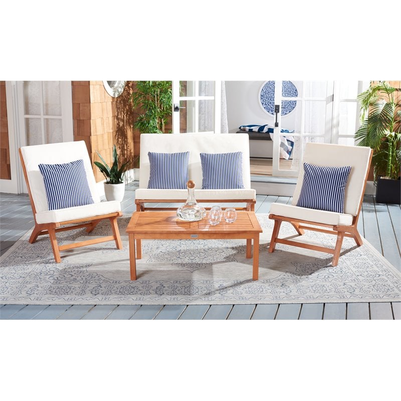 Safavieh Chaston 4-Piece Eucalyptus Wood/Polyester Living Set in Natural/Navy