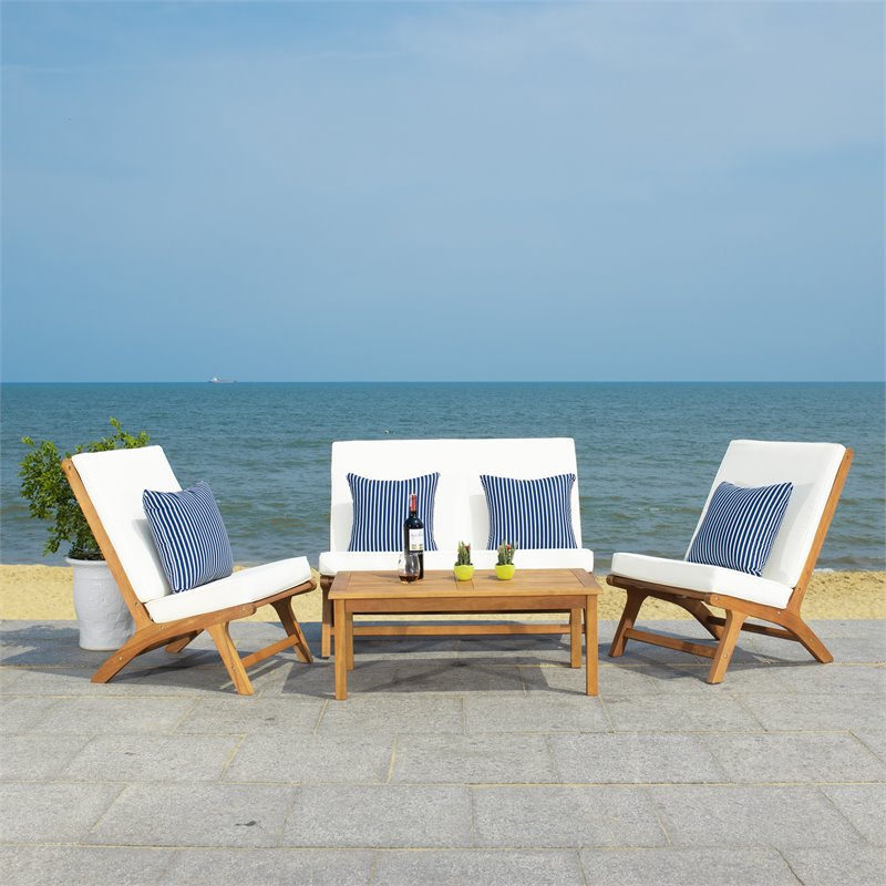 Safavieh Chaston 4-Piece Eucalyptus Wood/Polyester Living Set in Natural/Navy