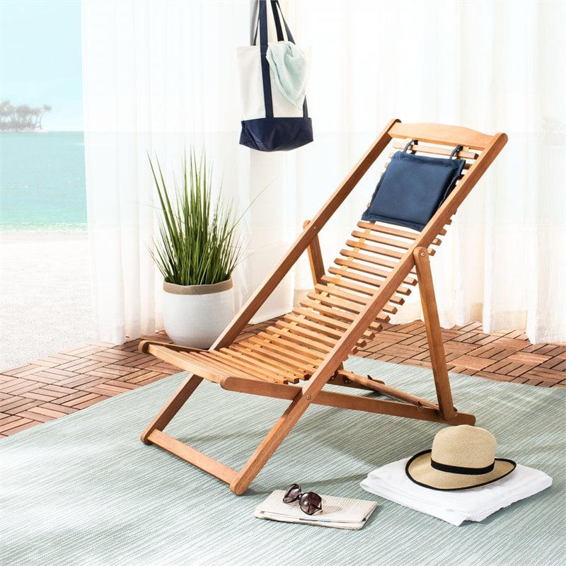 Safavieh Rendi Wood/Polyester Relax Chairs w/ Pillow in Natural/Navy (Set of 2)