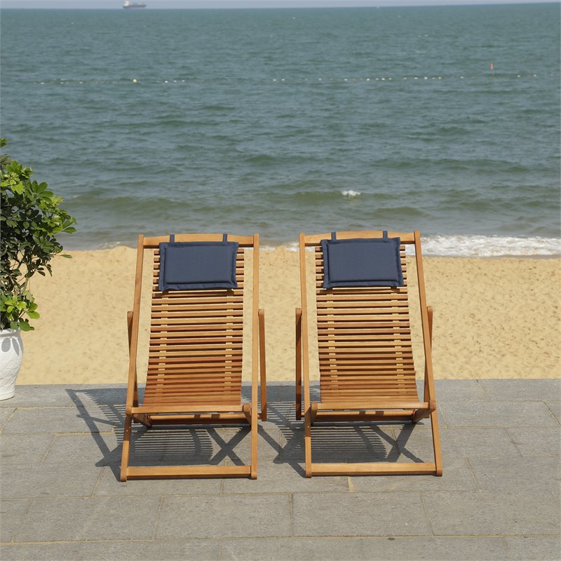 Safavieh Rendi Wood/Polyester Relax Chairs w/ Pillow in Natural/Navy (Set of 2)