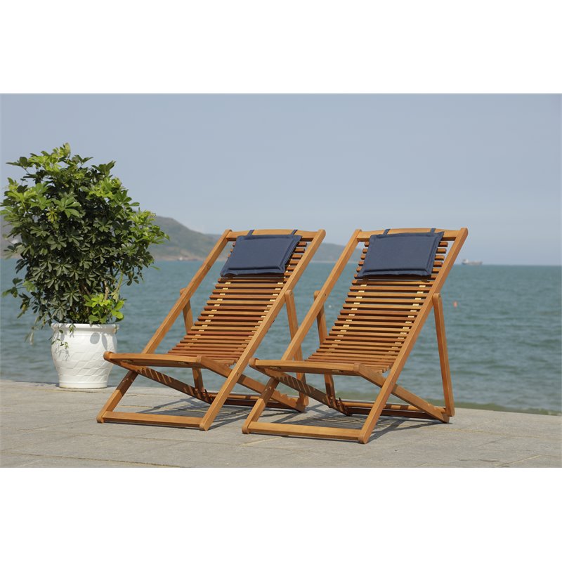 Safavieh Rendi Wood/Polyester Relax Chairs w/ Pillow in Natural/Navy (Set of 2)