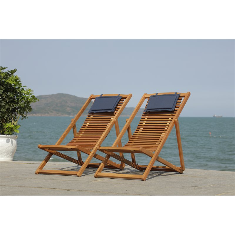 Safavieh Rendi Wood/Polyester Relax Chairs w/ Pillow in Natural/Navy (Set of 2)