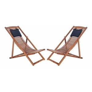 Safavieh Rendi Wood/Polyester Relax Chairs w/ Pillow in Natural/Navy (Set of 2)