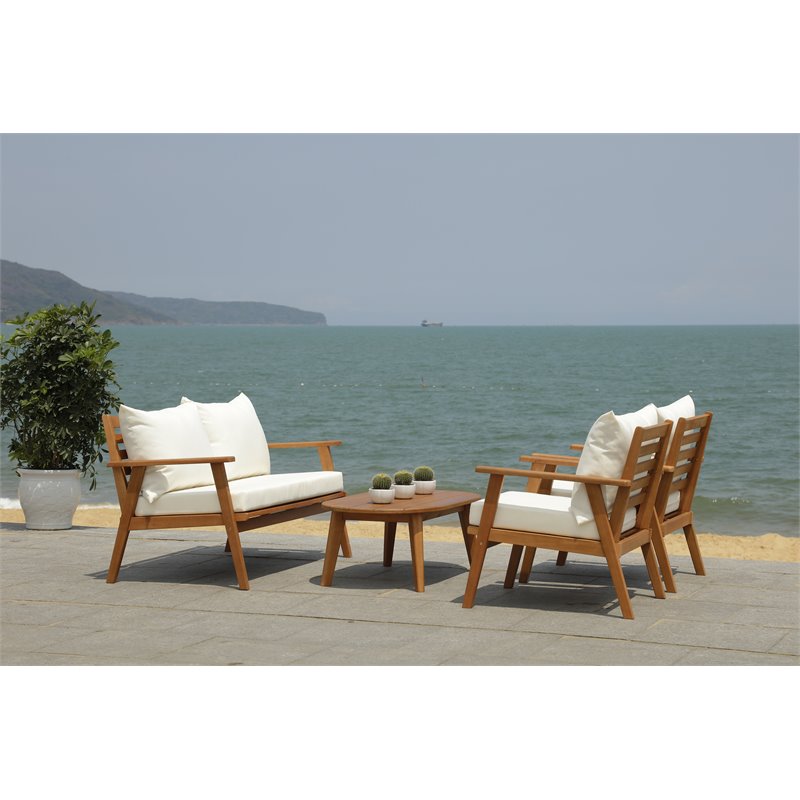 Safavieh Deacon 4-PieceWood/Polyester Outdoor Living Set in Natural/Beige