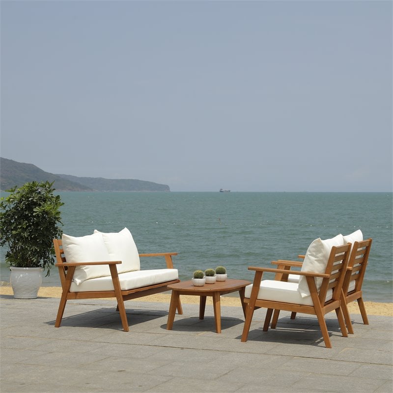 Safavieh Deacon 4-PieceWood/Polyester Outdoor Living Set in Natural/Beige