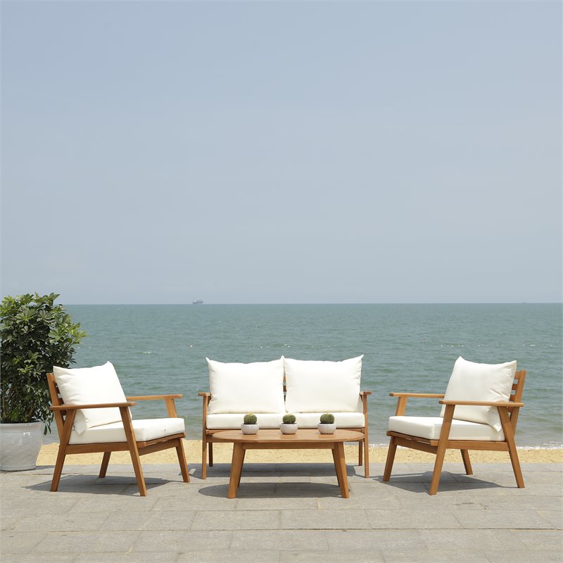 Safavieh Deacon 4-PieceWood/Polyester Outdoor Living Set in Natural/Beige