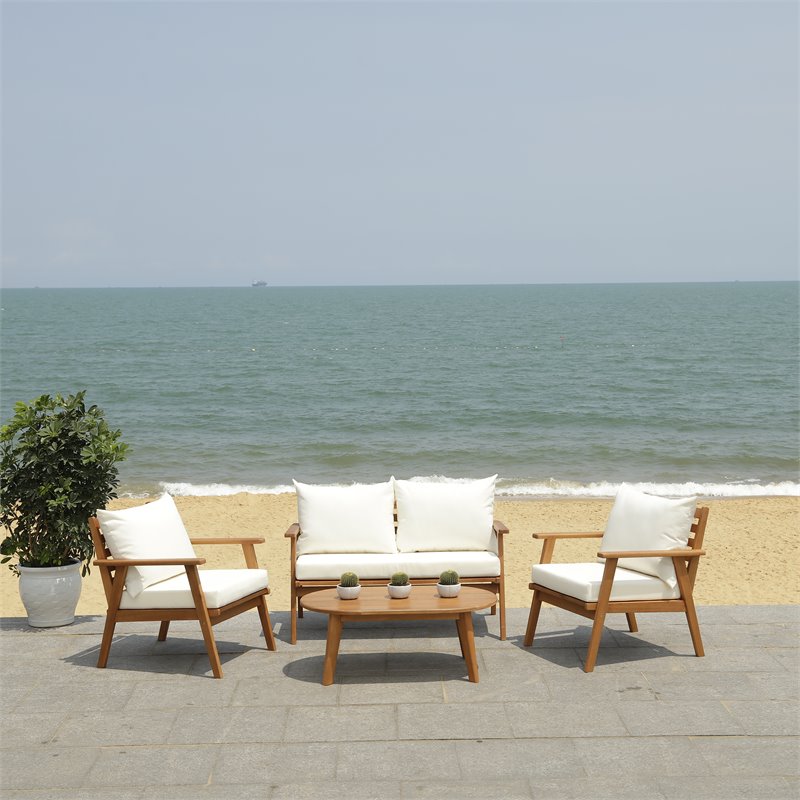 Safavieh Deacon 4-PieceWood/Polyester Outdoor Living Set in Natural/Beige