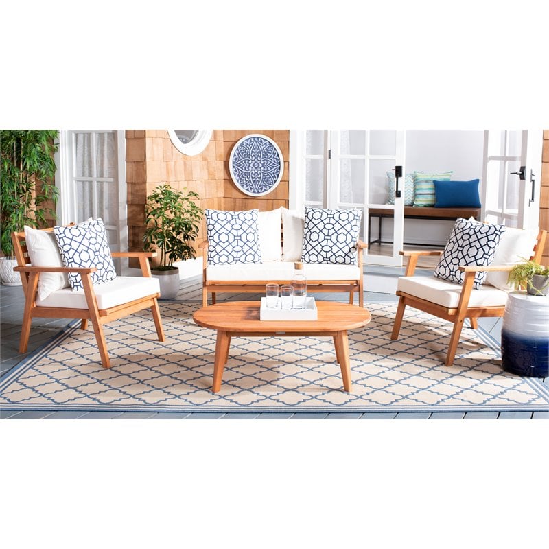 Safavieh Deacon 4-Pc Wood/Polyester Outdoor Living Set in Natural/Navy Mosaic