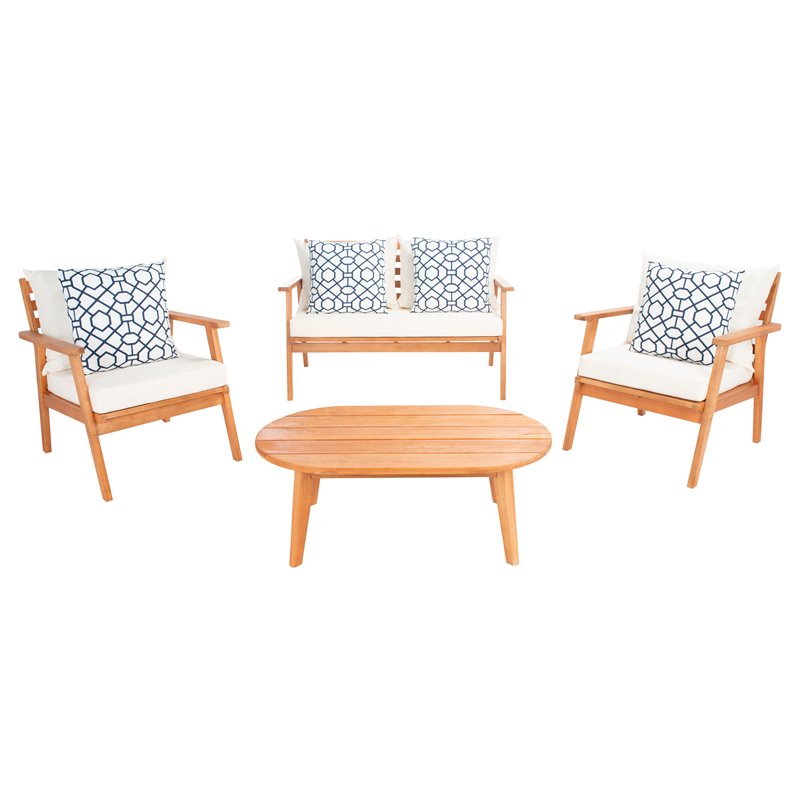 Safavieh Deacon 4-Pc Wood/Polyester Outdoor Living Set in Natural/Navy Mosaic