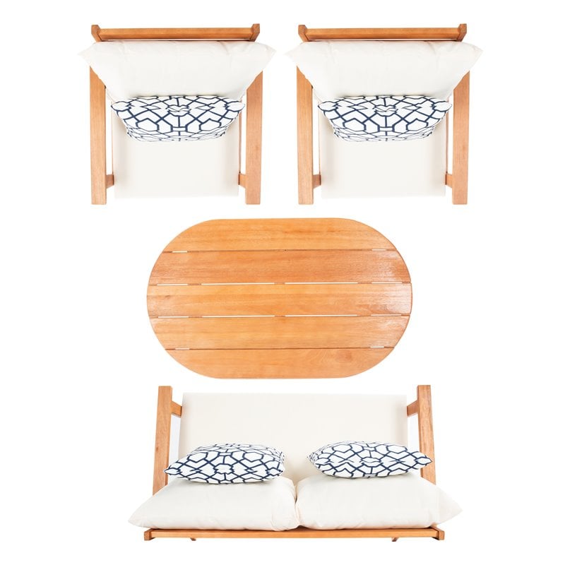 Safavieh Deacon 4-Pc Wood/Polyester Outdoor Living Set in Natural/Navy Mosaic