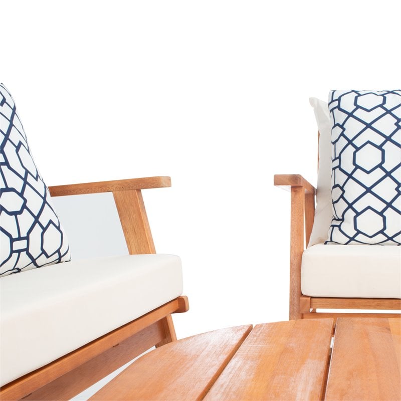Safavieh Deacon 4-Pc Wood/Polyester Outdoor Living Set in Natural/Navy Mosaic