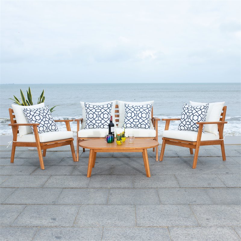 Safavieh Deacon 4-Pc Wood/Polyester Outdoor Living Set in Natural/Navy Mosaic