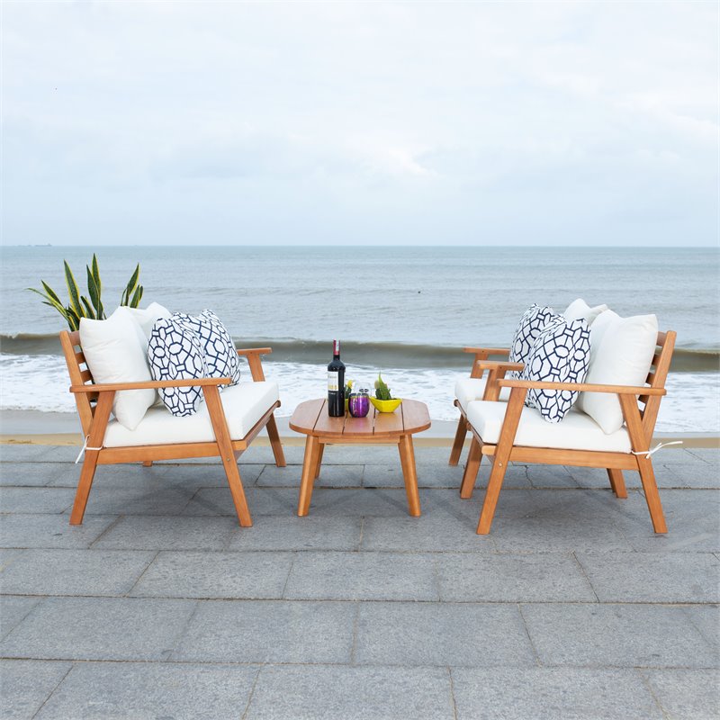 Safavieh Deacon 4-Pc Wood/Polyester Outdoor Living Set in Natural/Navy Mosaic