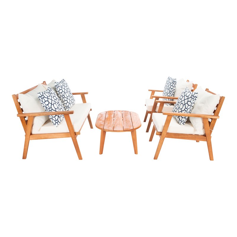 Safavieh Deacon 4-Pc Wood/Polyester Outdoor Living Set in Natural/Navy Mosaic