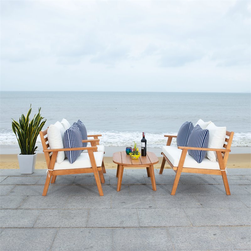 Safavieh Deacon 4-Pc Wood/Polyester Outdoor Living Set in Natural/Navy Striped