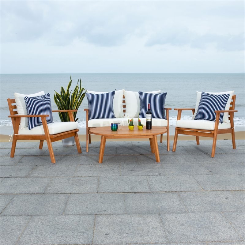 Safavieh Deacon 4-Pc Wood/Polyester Outdoor Living Set in Natural/Navy Striped