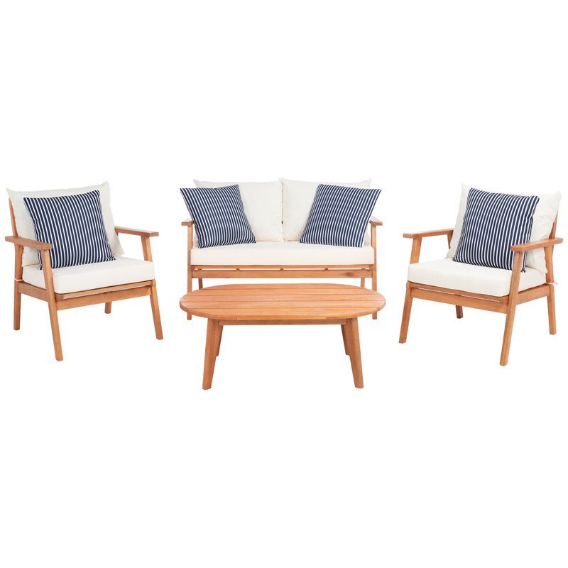 Safavieh Deacon 4-Pc Wood/Polyester Outdoor Living Set in Natural/Navy Striped