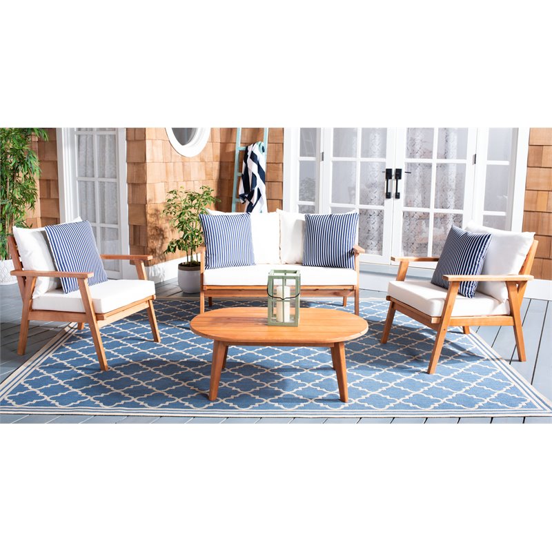 Safavieh Deacon 4-Pc Wood/Polyester Outdoor Living Set in Natural/Navy Striped