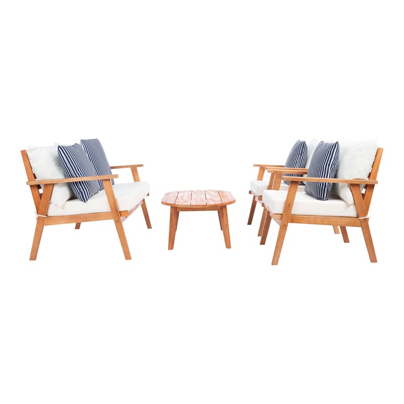 Safavieh Deacon 4-Pc Wood/Polyester Outdoor Living Set in Natural/Navy Striped