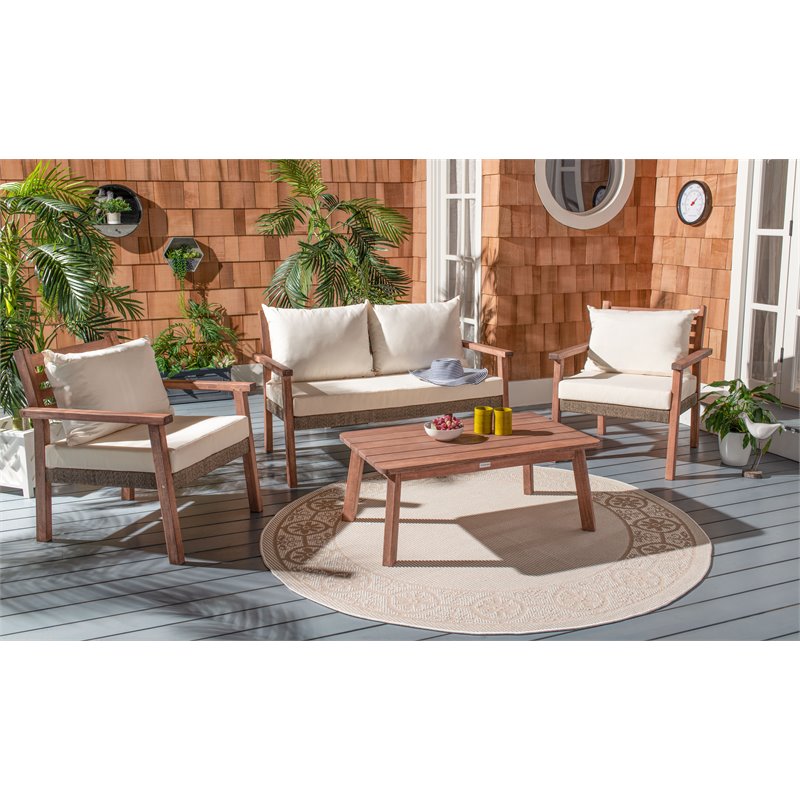 Safavieh Reid 4-Pc Wood/Polyester Outdoor Living Set in Gray Wash/Natural