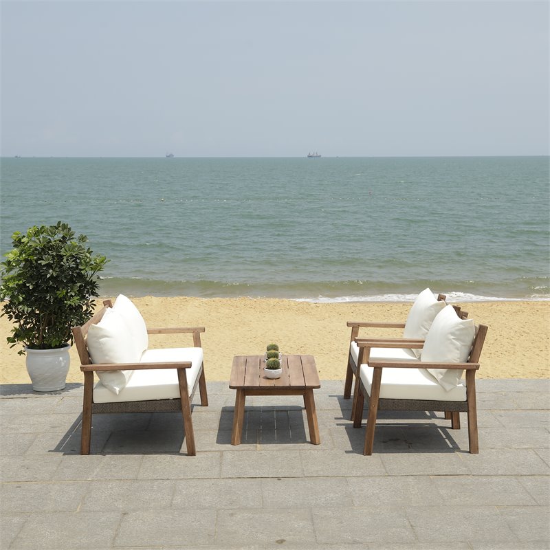 Safavieh Reid 4-Pc Wood/Polyester Outdoor Living Set in Gray Wash/Natural