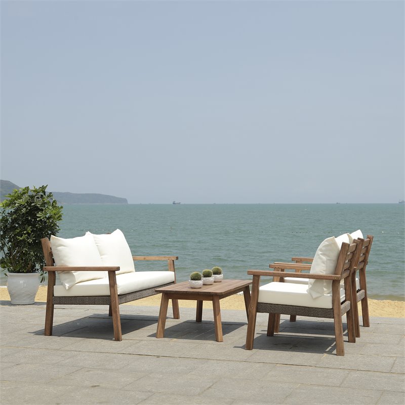 Safavieh Reid 4-Pc Wood/Polyester Outdoor Living Set in Gray Wash/Natural