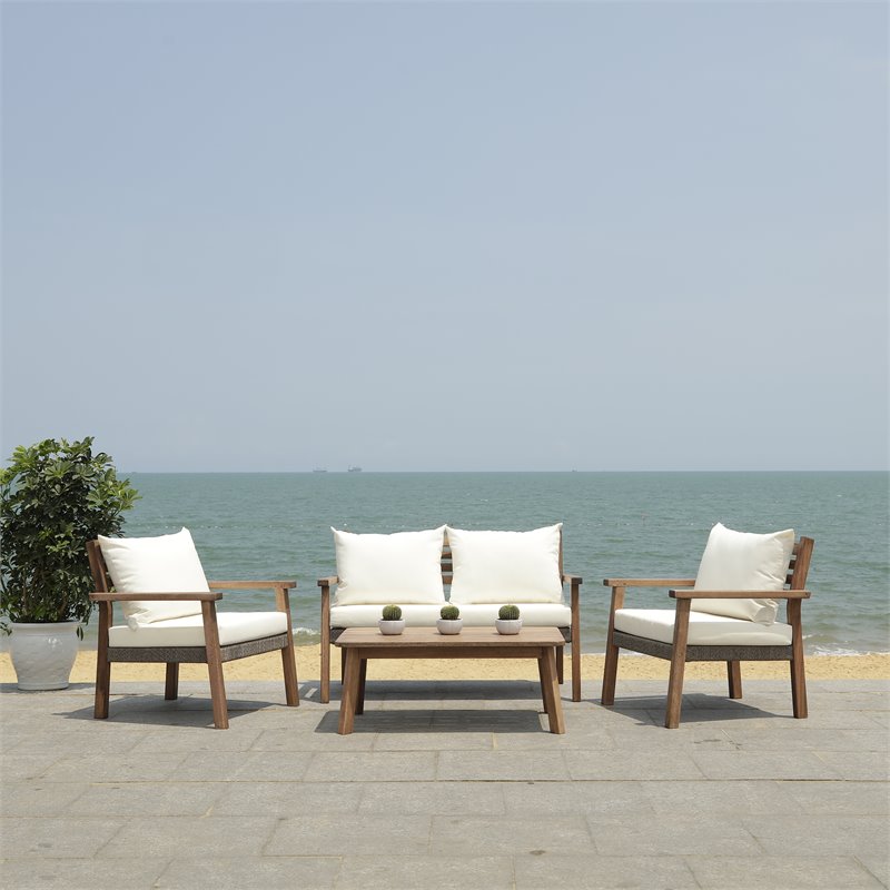 Safavieh Reid 4-Pc Wood/Polyester Outdoor Living Set in Gray Wash/Natural