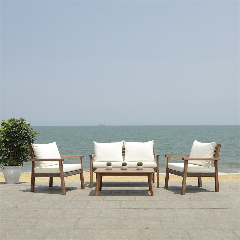 Safavieh Reid 4-Pc Wood/Polyester Outdoor Living Set in Gray Wash/Natural