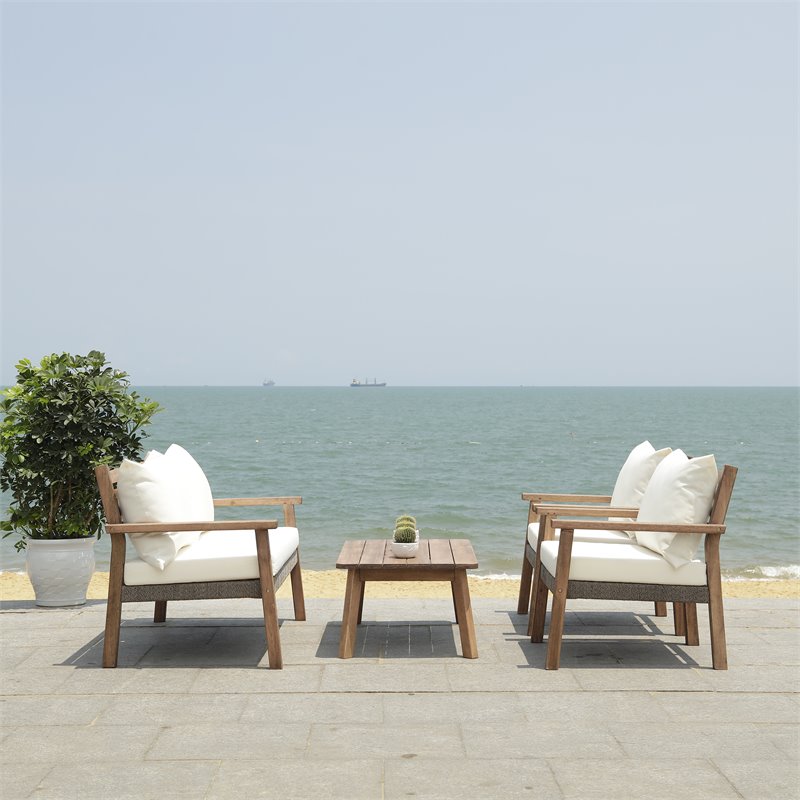 Safavieh Reid 4-Pc Wood/Polyester Outdoor Living Set in Gray Wash/Natural