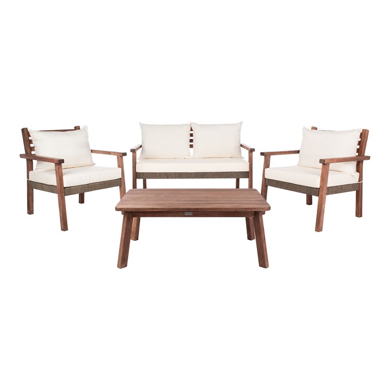 Safavieh Reid 4-Pc Wood/Polyester Outdoor Living Set in Gray Wash/Natural