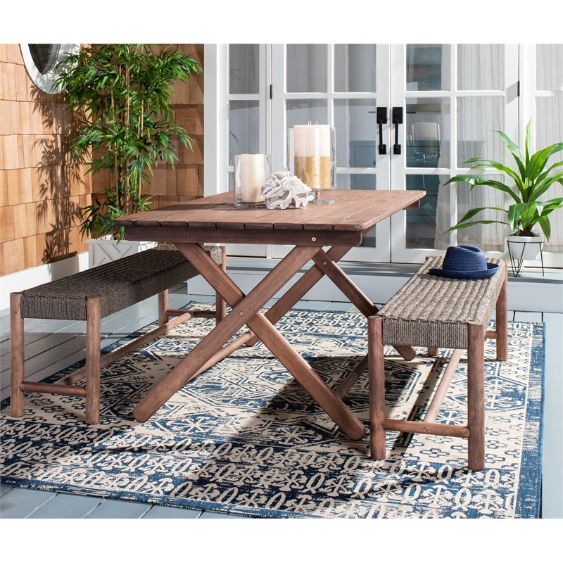 Safavieh Jardin 3-Piece Wood Outdoor Dining Set in Gray Wash/Natural/Beige