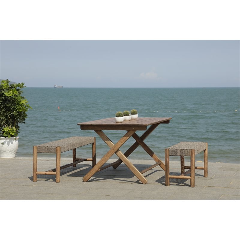 Safavieh Jardin 3-Piece Wood Outdoor Dining Set in Gray Wash/Natural/Beige