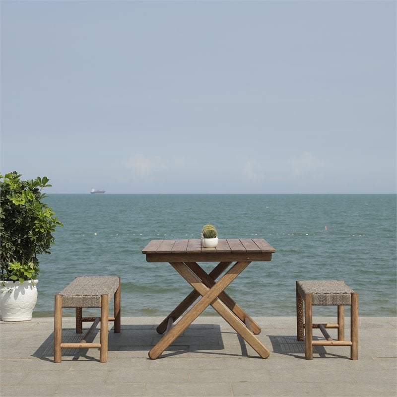 Safavieh Jardin 3-Piece Wood Outdoor Dining Set in Gray Wash/Natural/Beige