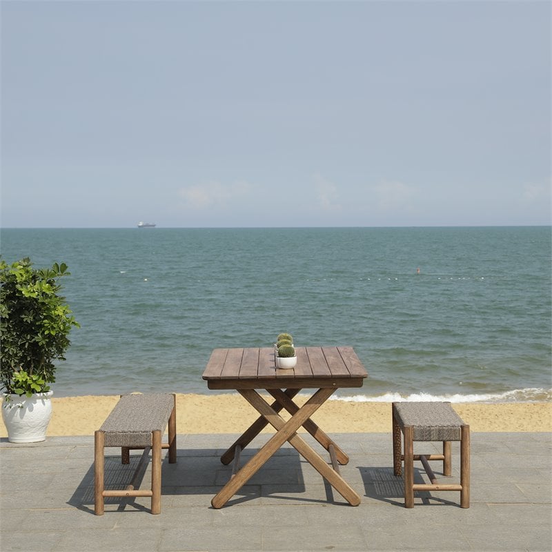 Safavieh Jardin 3-Piece Wood Outdoor Dining Set in Gray Wash/Natural/Beige